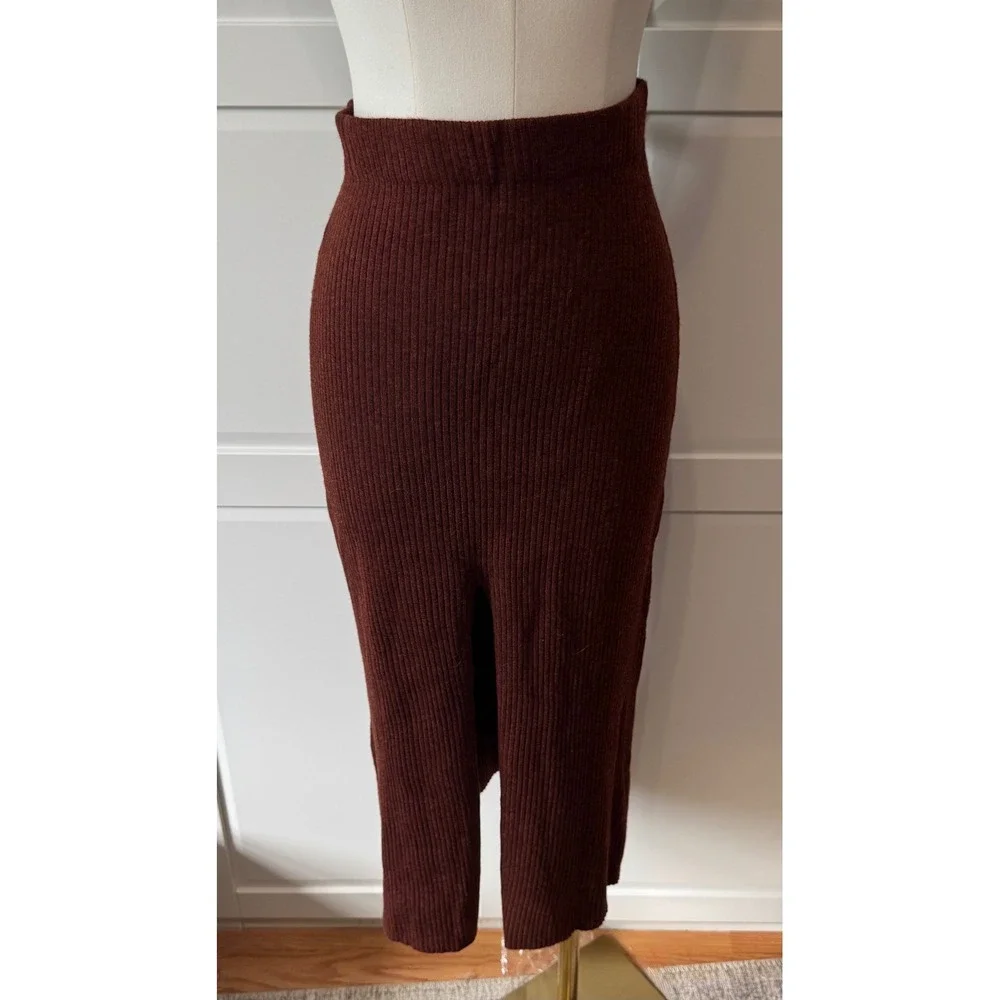 Modern Citizen Brown Ribbed Knit Midi Skirt Front Slit Wool Blend Medium